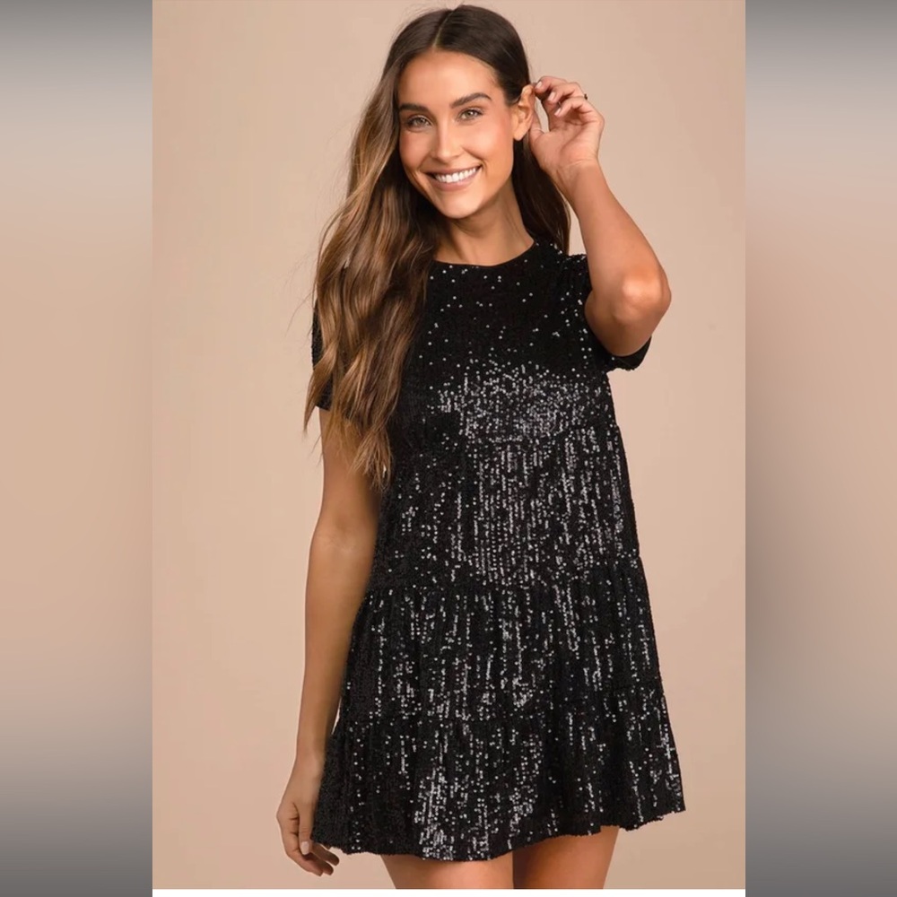 Taking a Shine Black Sequin Tiered Mini Shift Dress
